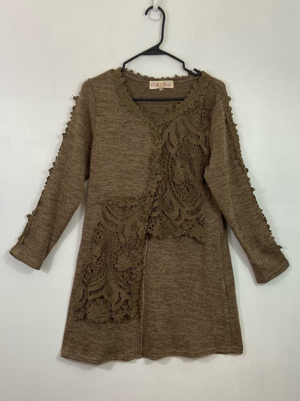 Pretty Angel Brown Crochet Lace Trim Overlay Tunic Sweater Top L Fairy Boho